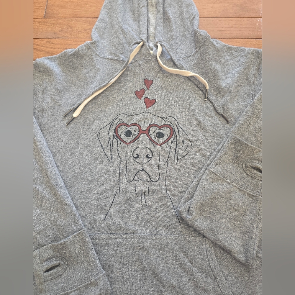 Great Dane Lover Hoodie with Heart Glasses Design. Womens sz L. EUC